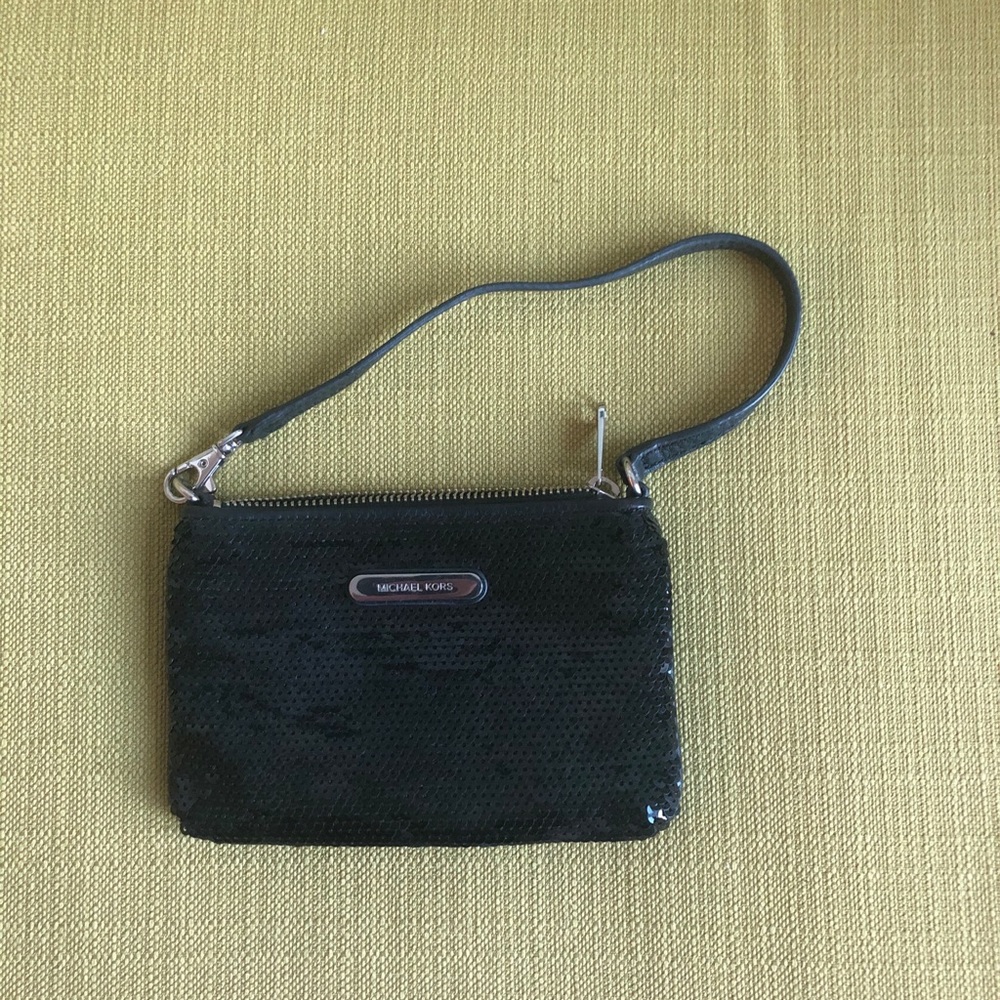 Michael Kors Black Leather Sequined Zip Pouch